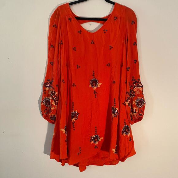 Free People Women's size Small Orange Embroidered Boho Long Sleeve Mini Dress - Picture 1 of 7